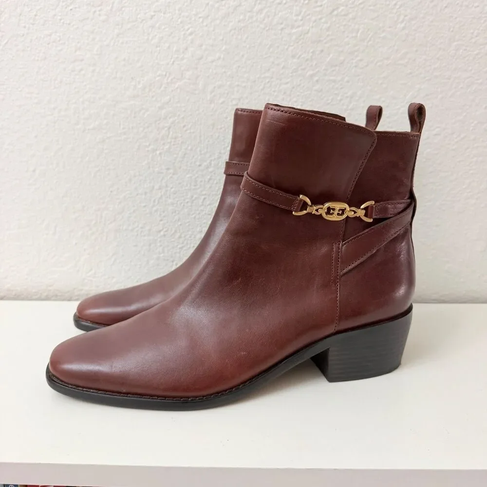 Sam Edelman Brown Leather Ankle Boots Women's Size 10 Gold Horsebit Block Heel
